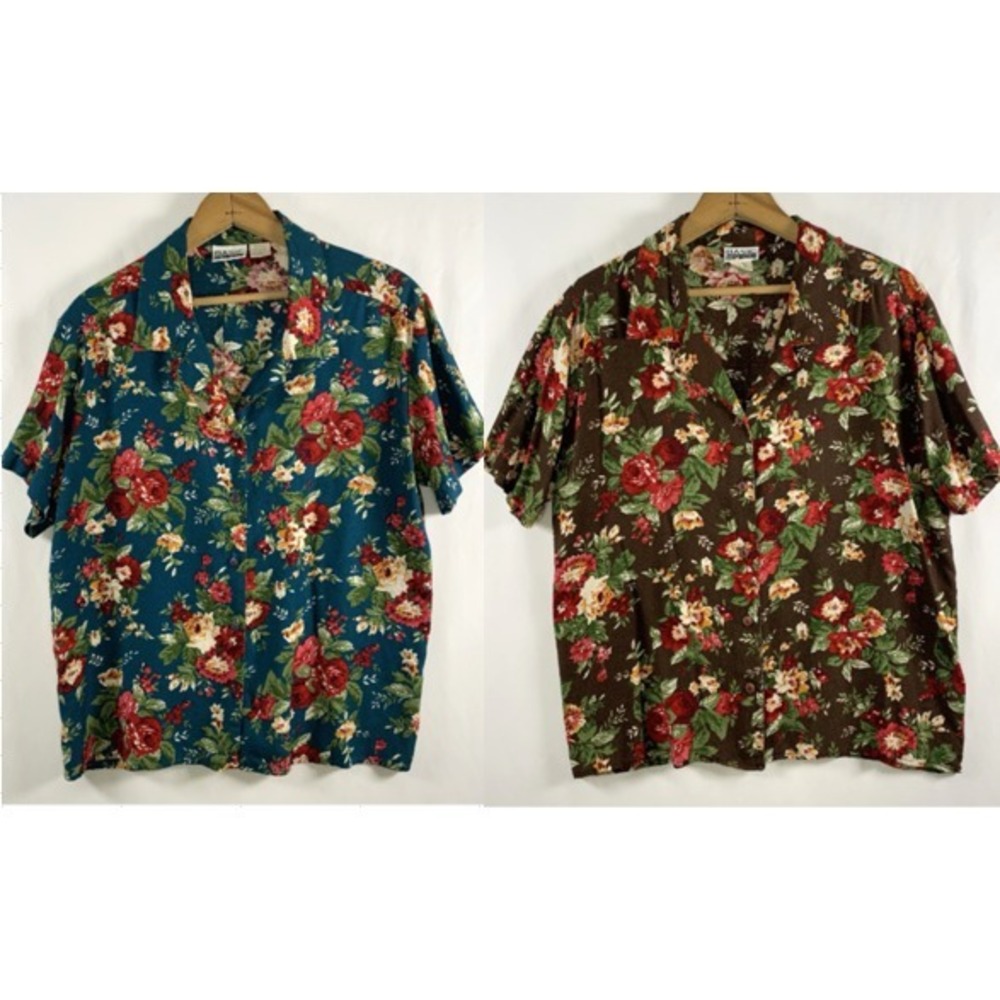 VTG Basic Editions Womens Floral Rayon Button Set of 2 Top Sz M Cottage‎ Garden